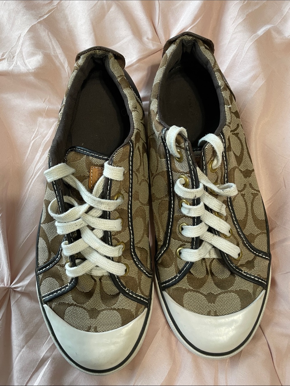 Coach Barrett Khaki Monogram Canvas Sneakers Leather Black Trim Size 10.5 - Picture 2 of 7